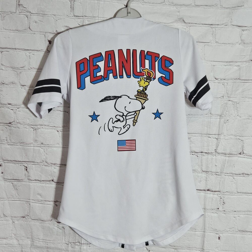 Official Peanuts Snoopy Olympic Torch Athletic Baseball Jersey White Size S - Picture 2 of 6